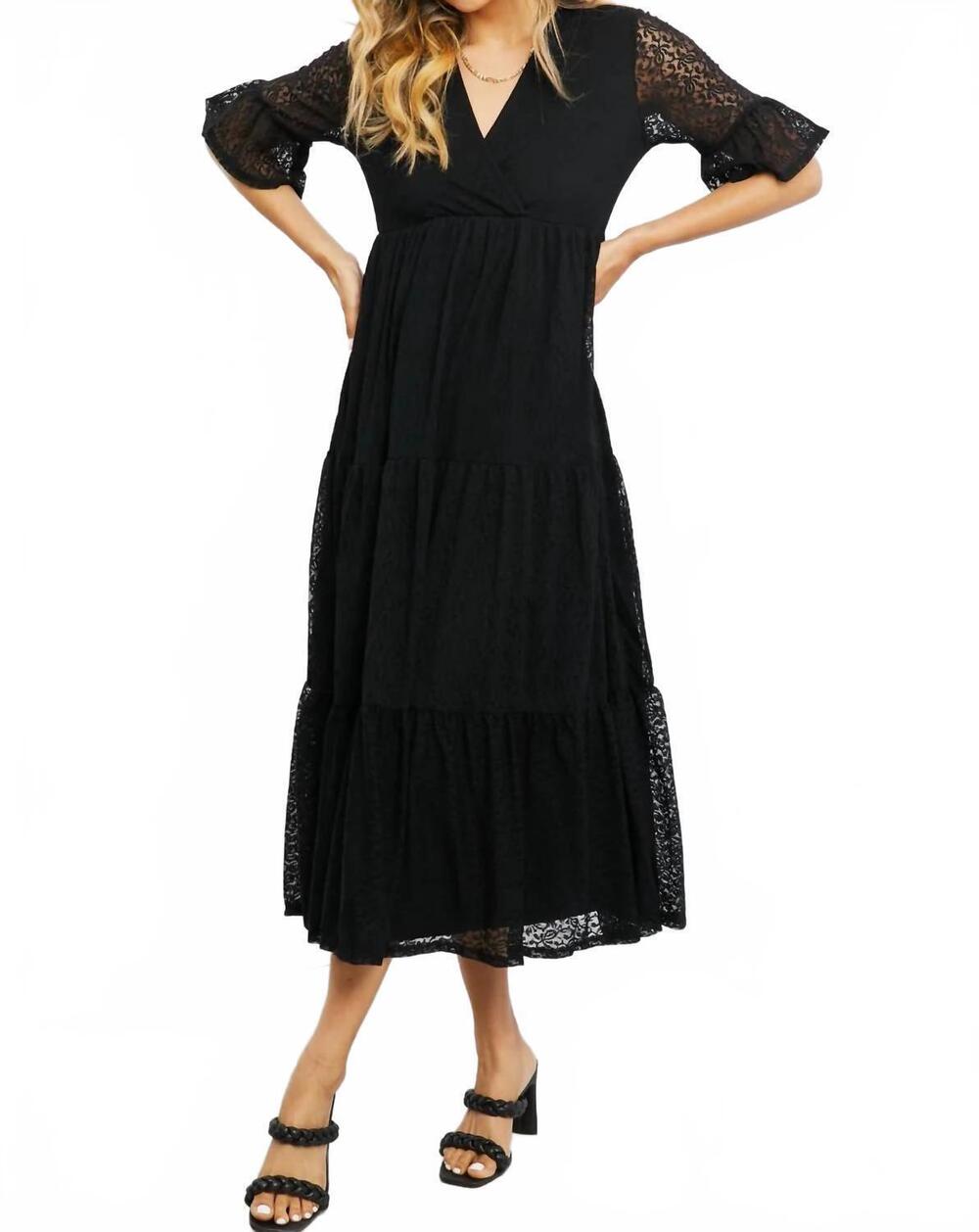NEW P & ROSE lovely lace tiered midi dress in black